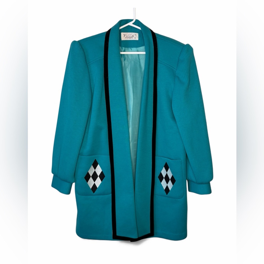 Villa Clothes Womens Open Front Teal and Black Trim Coat Size XL
